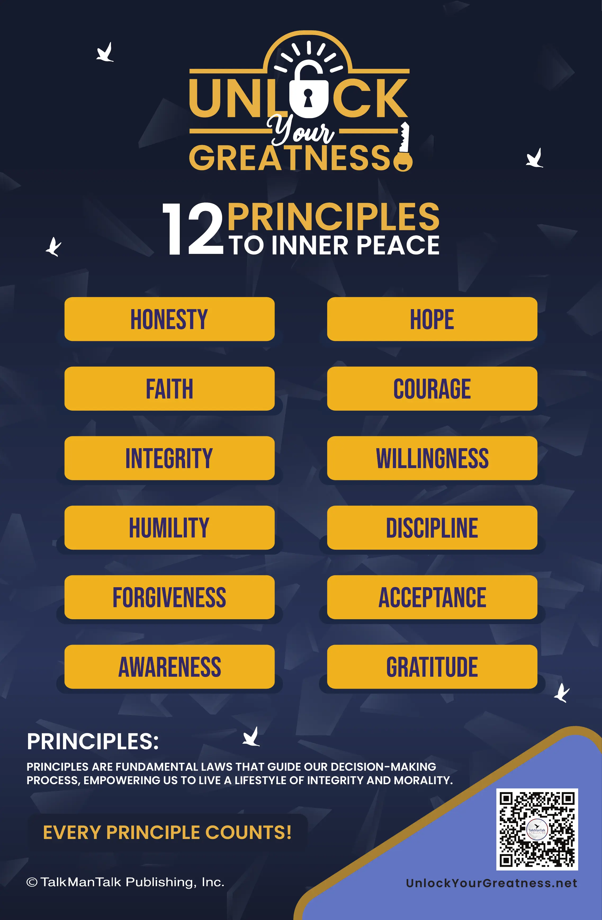 Unlock Your Greatness 12 Principles to Inner Peace poster listing the twelve principles