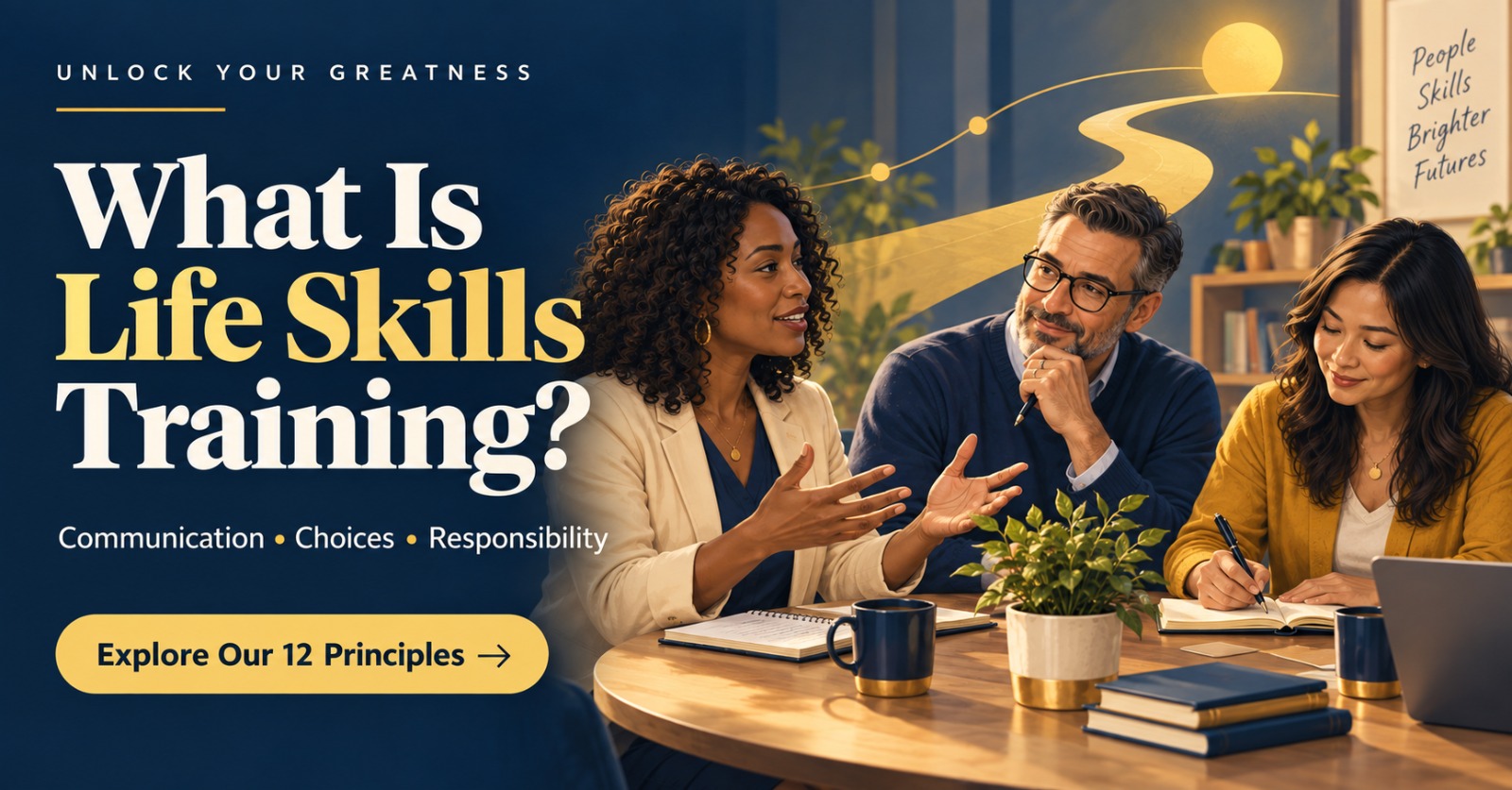 Three adults talking and taking notes around a table during a life skills training session