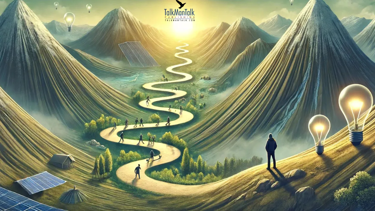 Illustration of a winding path through mountains toward a glowing light bulb