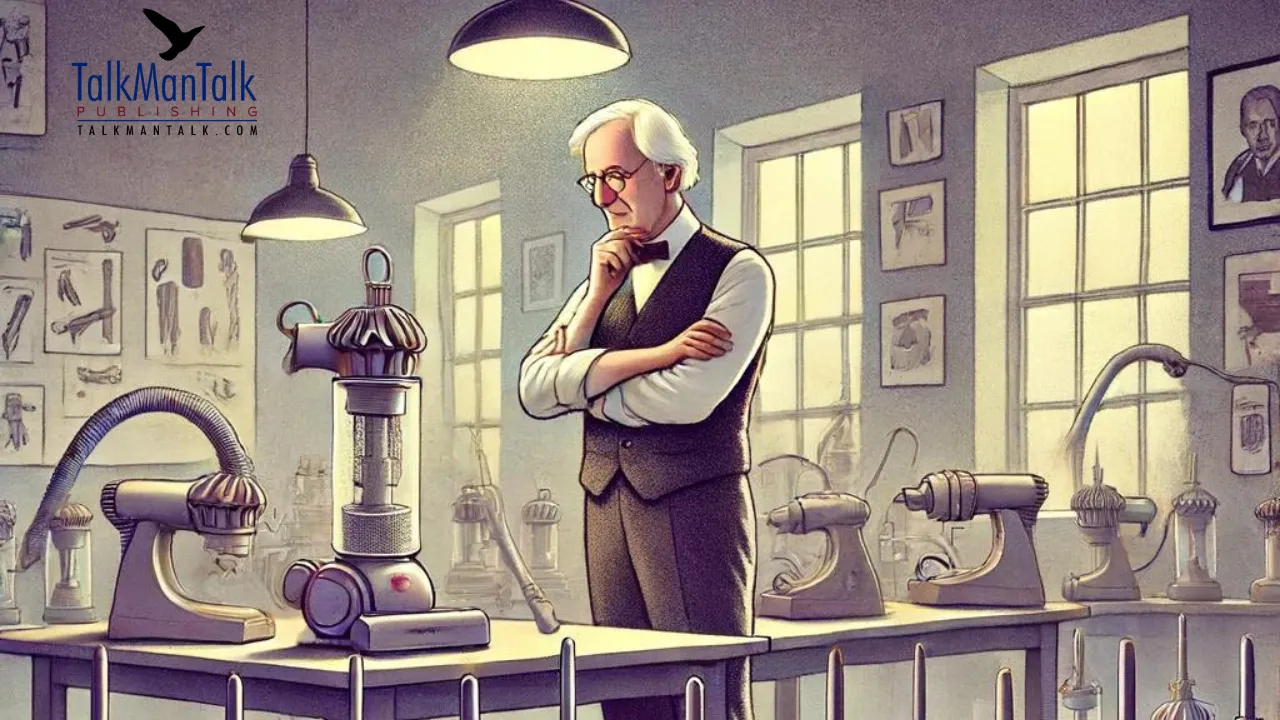 Illustration of an inventor deep in thought in his workshop