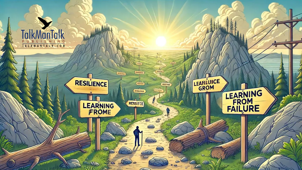 Illustration of a mountain trail with signposts reading resilience and learning from failure