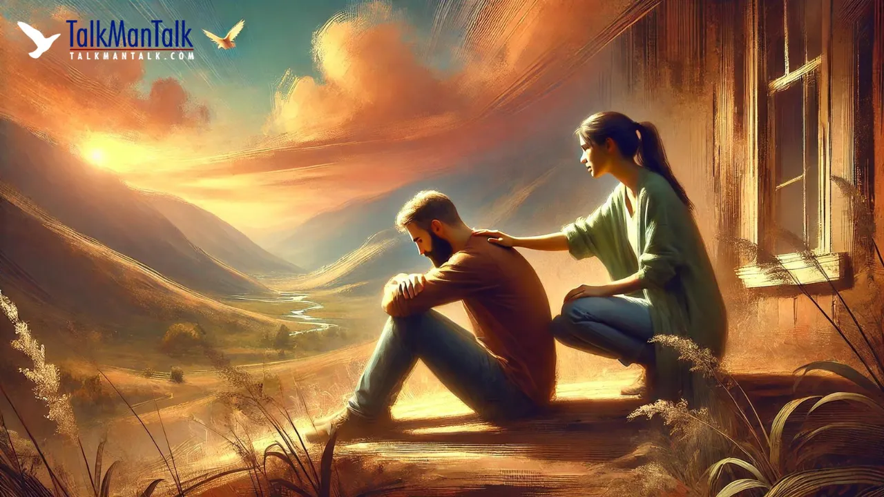 Illustration of a woman comforting a seated man at sunset