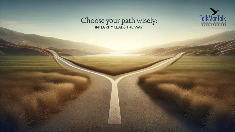 A road forking in two directions beneath the words: Choose your path wisely, integrity leads the way