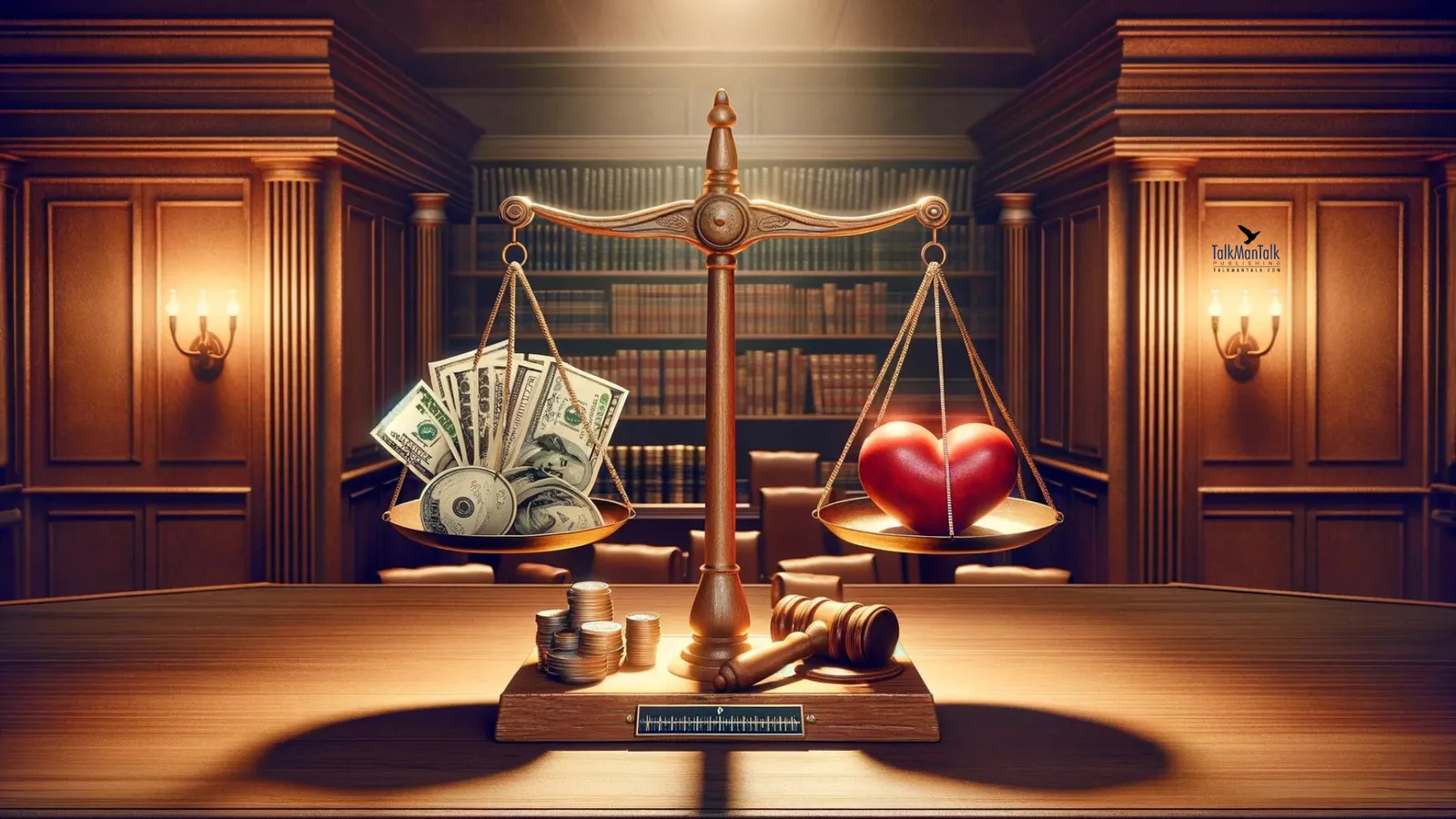 Scales of justice weighing a stack of money against a heart