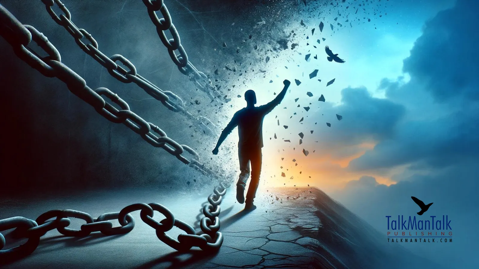 Illustration of a person breaking free from chains and running toward the light