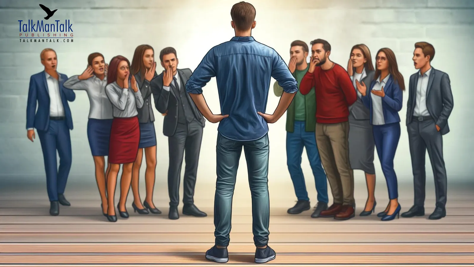 Illustration of a man standing with his back turned while a group whispers behind him