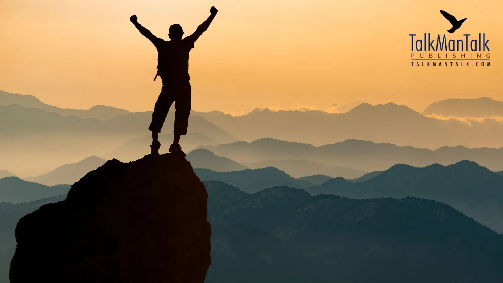 Silhouette of a person on a summit with arms raised in victory