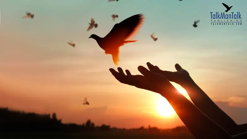 Open hands releasing a dove into the sky at sunset