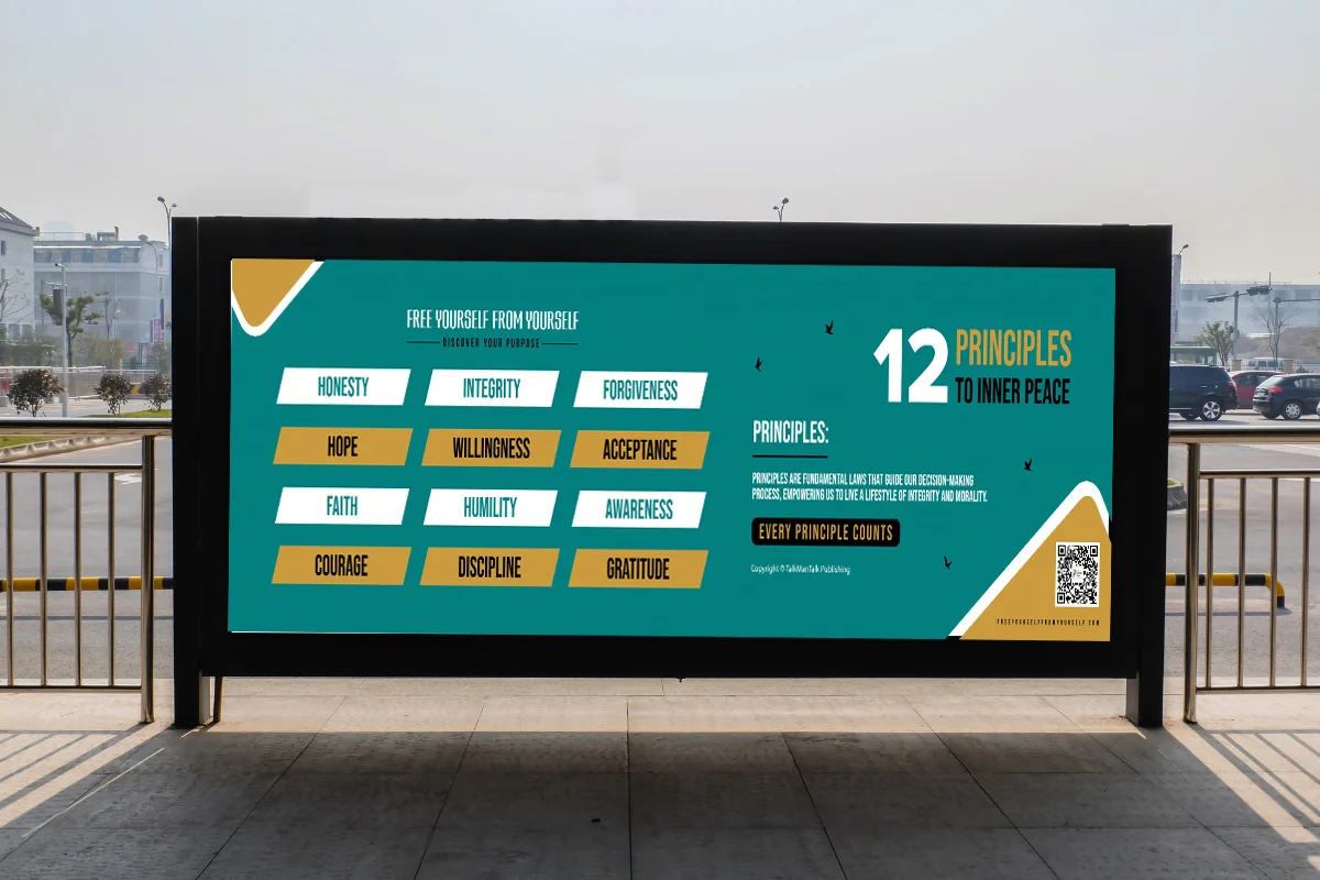 A 12 Principles to Inner Peace display board at a transit stop