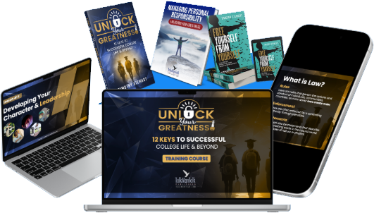 The Unlock Your Greatness training course shown on a laptop and phone with the companion books