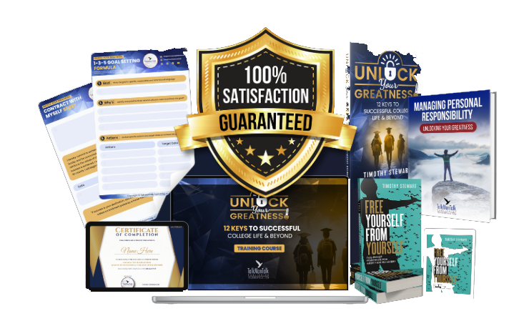 100% Satisfaction Guaranteed badge over the Unlock Your Greatness course materials